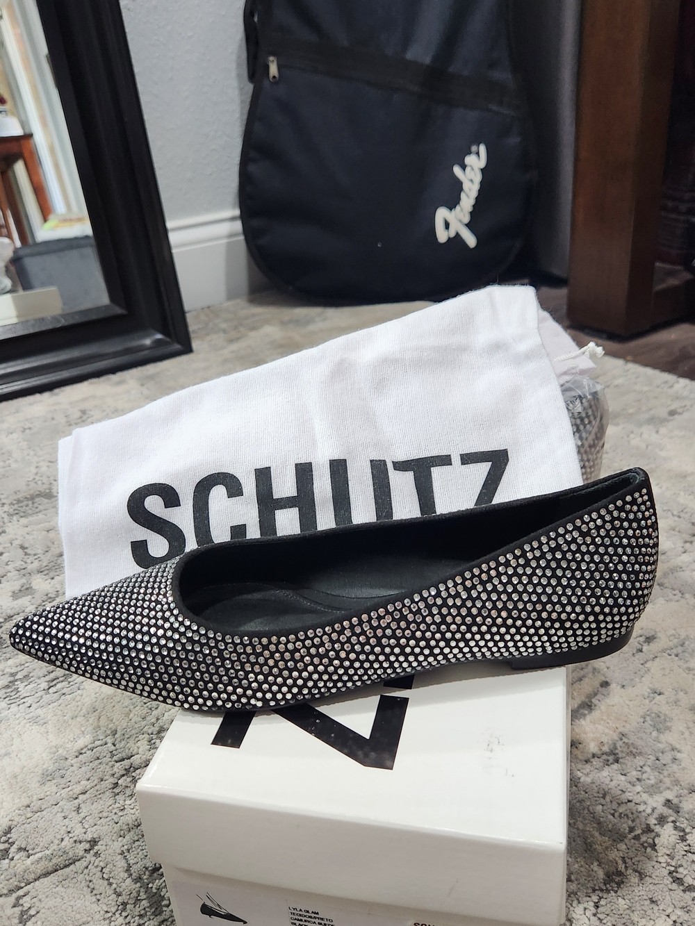 Schutz Black Crystal-Embellished Pointed Toe Flat